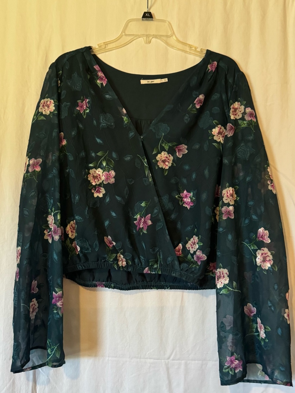 Mia Mi Floral Wrap‑Style V‑Neck Blouse – Dark Green, Women’s XL